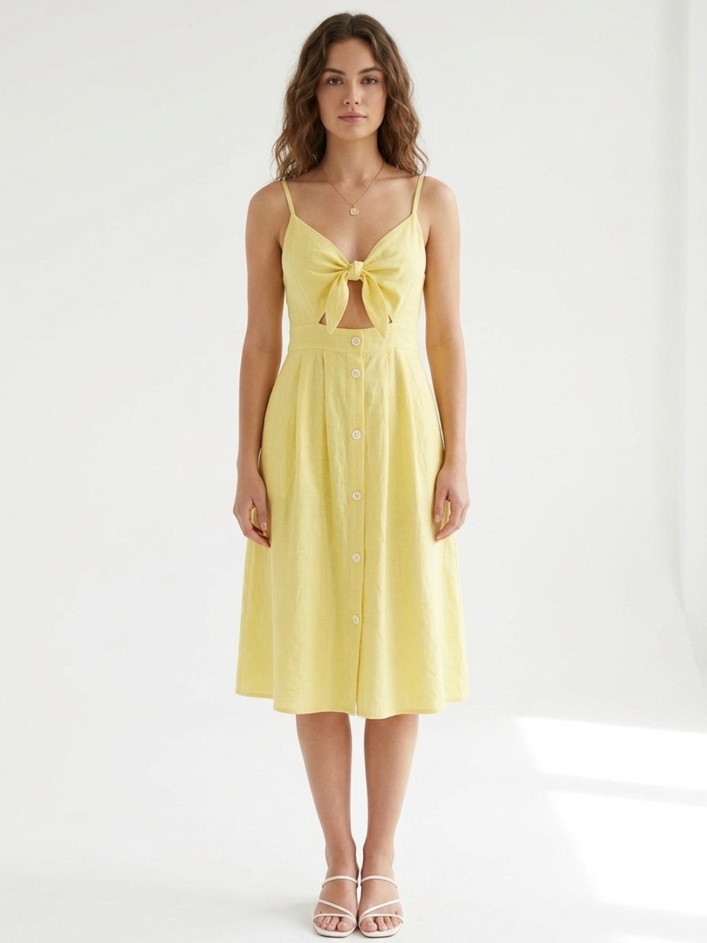 Yellow Button-Down Midi Dress Women’s Size M Spaghetti Strap Summer Casual Chic